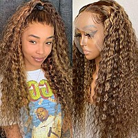 30Inch Highlight Lace Front Wigs Human Hair 180 Density Deep Curly Ombre Honey Blonde 427 13X6 Hd Transparent Lace Front Wig