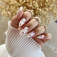 Mervf Almond Press On Nails Medium Fake Nails All White Stiletto Glue On Nails Press Ons With Red Heart Design Artificial Cute A