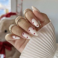 Mervf Almond Press On Nails Medium Fake Nails All White Stiletto Glue On Nails Press Ons With Red Heart Design Artificial Cute A