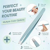 12 Pieces Eyebrow Tweezers Stainless Steel Slant Tip Tweezers Facial Hair Eyebrow Precision Tweezers For Men And Women Light Bl