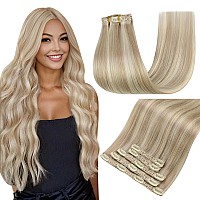 Easyouth Clip In Hair Extensions Real Human Hair Highlight Clip In Hair Extensions Ash Blonde Mix Bleach Blonde Clip In Extensio