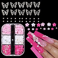 3D Flowers For Nails 3D Flowers Nail Charms Metal Butterfly Nail Charms With Nail Gems Pink White Acrylic Flowers For Nail De