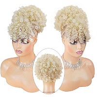 Ceitq Afro Puff Ponytail Extensions With Bangs Drawstring Ponytail For Women Short Kinky Curly Ponytail With Bangs Blonde Clip I