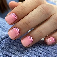 Short Press On Nails Square Shanrun Hot Pink Fake Nails Cute Press Ons Ombre Glitter Sequins Nail Tips Full Cover Pink False N