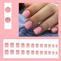 Short Press On Nails Square Shanrun Hot Pink Fake Nails Cute Press Ons Ombre Glitter Sequins Nail Tips Full Cover Pink False N