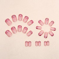 Short Press On Nails Square Shanrun Hot Pink Fake Nails Cute Press Ons Ombre Glitter Sequins Nail Tips Full Cover Pink False N