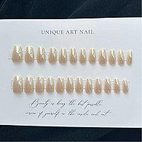 Babalal Coffin Press On Nails Medium Fake Nails White Chrome Aurora Glue On Nails Ballerina Glossy Acrylic Nails 24Pcs Manicure