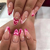 Babalal Almond Press On Nails Medium Fake Nails Pink Heart French Glue On Nails Stiletto Acrylic Nails 24Pcs Artificial Nails Fo