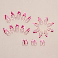 Babalal Almond Press On Nails Medium Fake Nails Pink Heart French Glue On Nails Stiletto Acrylic Nails 24Pcs Artificial Nails Fo