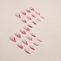 Babalal Almond Press On Nails Medium Fake Nails Pink Heart French Glue On Nails Stiletto Acrylic Nails 24Pcs Artificial Nails Fo