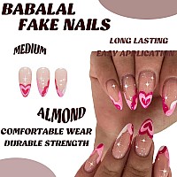 Babalal Almond Press On Nails Medium Fake Nails Pink Heart French Glue On Nails Stiletto Acrylic Nails 24Pcs Artificial Nails Fo