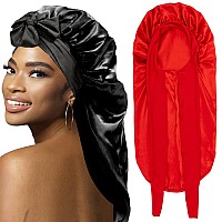 2Pcs Bonnets For Black Women Braid Bonnet Large Long Satin Bonnet For Braids Silk Bonnet With Stretchy Tie Band Sleep Cap Hair