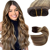 Sew In Hair Extensions Real Human Hair 20 Inch Weft Hair Extensions Human Hair 100G Ombre Brown Balayage Caramel Blonde Handti