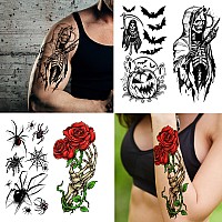 52 Sheets Black Halloween Temporary Tattoos For Kids Men Women Include 10 Sheets Large Half Arm Sleeve Fake Tattoos 200 Pcs S