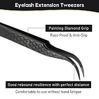 Msqueen Eyelash Tweezers For Extensions Precision Diamond Grip Curved Lash Tweezers Fiber Tipblack