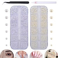 2 Boxes Flat Back Pearls Kits For Nail Art Face Makeup And Craft Diy Bead Accessories Flatback Half Round Pearls White And Bei