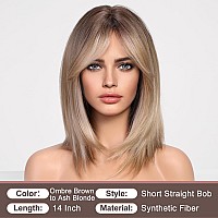 Haircube Ombre Ash Blonde Wigs For Woemn Light Blonde Straight Wig With Curtain Bangs Shoulder Length Natural Synthetic Wig For