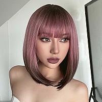 Aisi Beauty Ash Pink Bob Wig With Bangs Short Straight Wigs For Women 12 Inch Synthetic Straight Hair Wig For Girl Cosplay Party