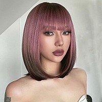 Aisi Beauty Ash Pink Bob Wig With Bangs Short Straight Wigs For Women 12 Inch Synthetic Straight Hair Wig For Girl Cosplay Party