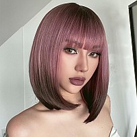 Aisi Beauty Ash Pink Bob Wig With Bangs Short Straight Wigs For Women 12 Inch Synthetic Straight Hair Wig For Girl Cosplay Party