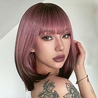 Aisi Beauty Ash Pink Bob Wig With Bangs Short Straight Wigs For Women 12 Inch Synthetic Straight Hair Wig For Girl Cosplay Party