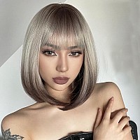 Aisi Beauty Ombre Brown To Blonde Bob Wig With Bangs Short Straight Ombre Wigs For Women 12 Inch Synthetic Straight Hair Wig For