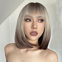 Aisi Beauty Ombre Brown To Blonde Bob Wig With Bangs Short Straight Ombre Wigs For Women 12 Inch Synthetic Straight Hair Wig For