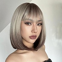 Aisi Beauty Ombre Brown To Blonde Bob Wig With Bangs Short Straight Ombre Wigs For Women 12 Inch Synthetic Straight Hair Wig For