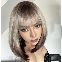 Aisi Beauty Ombre Brown To Blonde Bob Wig With Bangs Short Straight Ombre Wigs For Women 12 Inch Synthetic Straight Hair Wig For