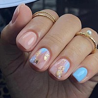 24Pcs Nude Blue Press On Nails Short Square Fake Nails With Glitter Gold Foil False Nails Glossy Acrylic Nails Artificial Short