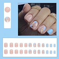 24Pcs Nude Blue Press On Nails Short Square Fake Nails With Glitter Gold Foil False Nails Glossy Acrylic Nails Artificial Short