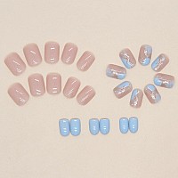 24Pcs Nude Blue Press On Nails Short Square Fake Nails With Glitter Gold Foil False Nails Glossy Acrylic Nails Artificial Short