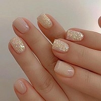 24Pcs Glitter Nude Press On Nails Short Square Fake Nails Glossy Glue On Nails Short False Nails Shiny Nail Art Decorations Arti