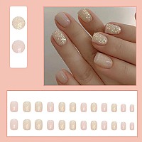 24Pcs Glitter Nude Press On Nails Short Square Fake Nails Glossy Glue On Nails Short False Nails Shiny Nail Art Decorations Arti