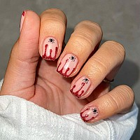 24Pcs Halloween Press On Nails Short Square Fake Nails Terror Blood Droplet Nails Tips Nude Full Cover Glue On Nails With Spider