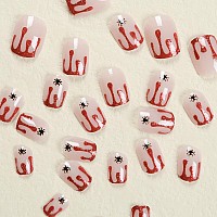 24Pcs Halloween Press On Nails Short Square Fake Nails Terror Blood Droplet Nails Tips Nude Full Cover Glue On Nails With Spider