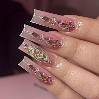 24Pcs Nude Pink Coffin Press On Nails Medium Square Fake Nails With San Judas Virgin Mary Rhinestones Gems Full Cover Glue On Na