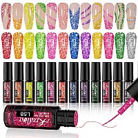 Kredioo Reflective Glitter Nail Art Gel Liner Polish Sparkle Flash Diamond Painted 12 Colors Uv Lamp Cured Soakoff Polishes Kit