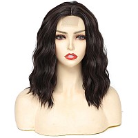 Rose Bud Wavy Bob Wig Natural Wig Dark Brown Synthetic Hair Shoulder Length Short Curly Middle Part Lace Front Wigs For Women