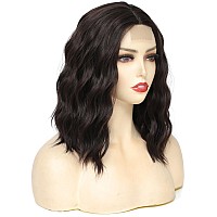 Rose Bud Wavy Bob Wig Natural Wig Dark Brown Synthetic Hair Shoulder Length Short Curly Middle Part Lace Front Wigs For Women