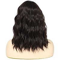 Rose Bud Wavy Bob Wig Natural Wig Dark Brown Synthetic Hair Shoulder Length Short Curly Middle Part Lace Front Wigs For Women