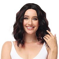 Rose Bud Wavy Bob Wig Natural Wig Dark Brown Mix Red Synthetic Hair Shoulder Length Short Curly Middle Part Lace Front Wigs For