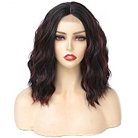 Rose Bud Wavy Bob Wig Natural Wig Dark Brown Mix Red Synthetic Hair Shoulder Length Short Curly Middle Part Lace Front Wigs For