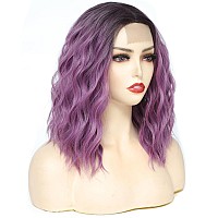 Rose Bud Wavy Bob Wig Natural Wig Ombre Purple Synthetic Hair Shoulder Length Short Curly Middle Part Lace Front Wigs For Women