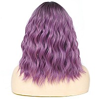 Rose Bud Wavy Bob Wig Natural Wig Ombre Purple Synthetic Hair Shoulder Length Short Curly Middle Part Lace Front Wigs For Women