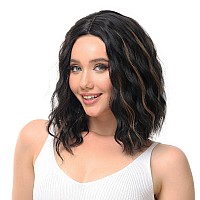 Rose Bud Wavy Bob Wig Natural Wig Dark Brown Mix Bleach Blonde Synthetic Hair Shoulder Length Short Curly Middle Part Lace Front