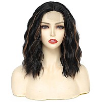 Rose Bud Wavy Bob Wig Natural Wig Dark Brown Mix Bleach Blonde Synthetic Hair Shoulder Length Short Curly Middle Part Lace Front