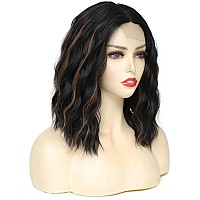 Rose Bud Wavy Bob Wig Natural Wig Dark Brown Mix Bleach Blonde Synthetic Hair Shoulder Length Short Curly Middle Part Lace Front