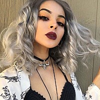 Rose Bud Wavy Bob Wig Natural Wig Ombre Grey Synthetic Hair Shoulder Length Short Curly Middle Part Lace Front Wigs For Women