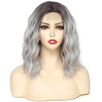 Rose Bud Wavy Bob Wig Natural Wig Ombre Grey Synthetic Hair Shoulder Length Short Curly Middle Part Lace Front Wigs For Women